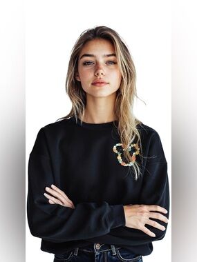 Women's Black Sweatshirt with Floral Heart Design